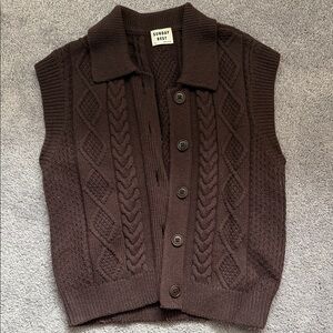Sunday Best Dark Brown Wool Cable Knit Button-Up Sweater Vest